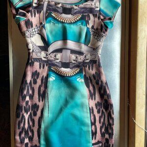 Falguni & Shane Peacock Dress, Blue, looks like a belt, Leopard print, gold neck